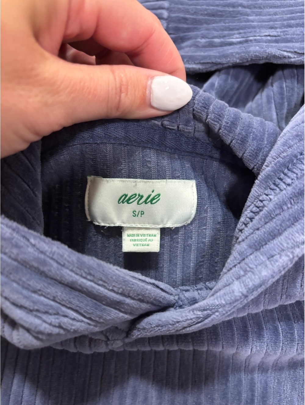 Aerie Women's Blue Ribbed Velour Hoodie Sweatshirt Size Small - Picture 3 of 4